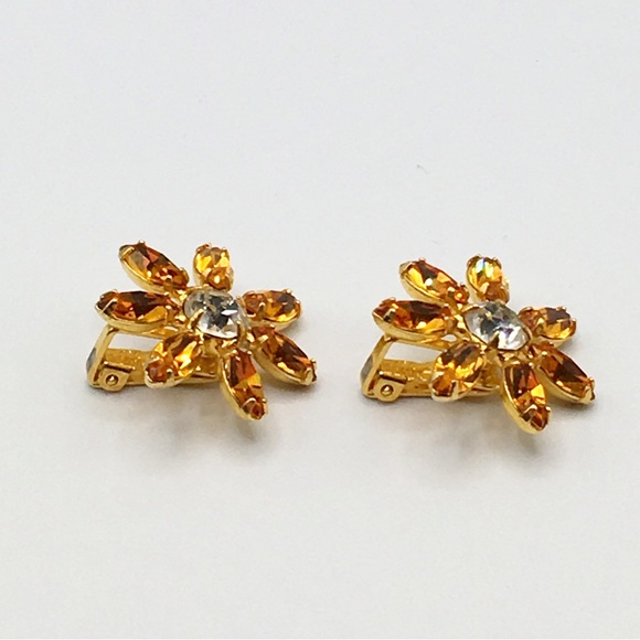 B. David Vintage Gold Tone Citrine/Topaz Crystal Floral Clip Earrings - Picture 3 of 9